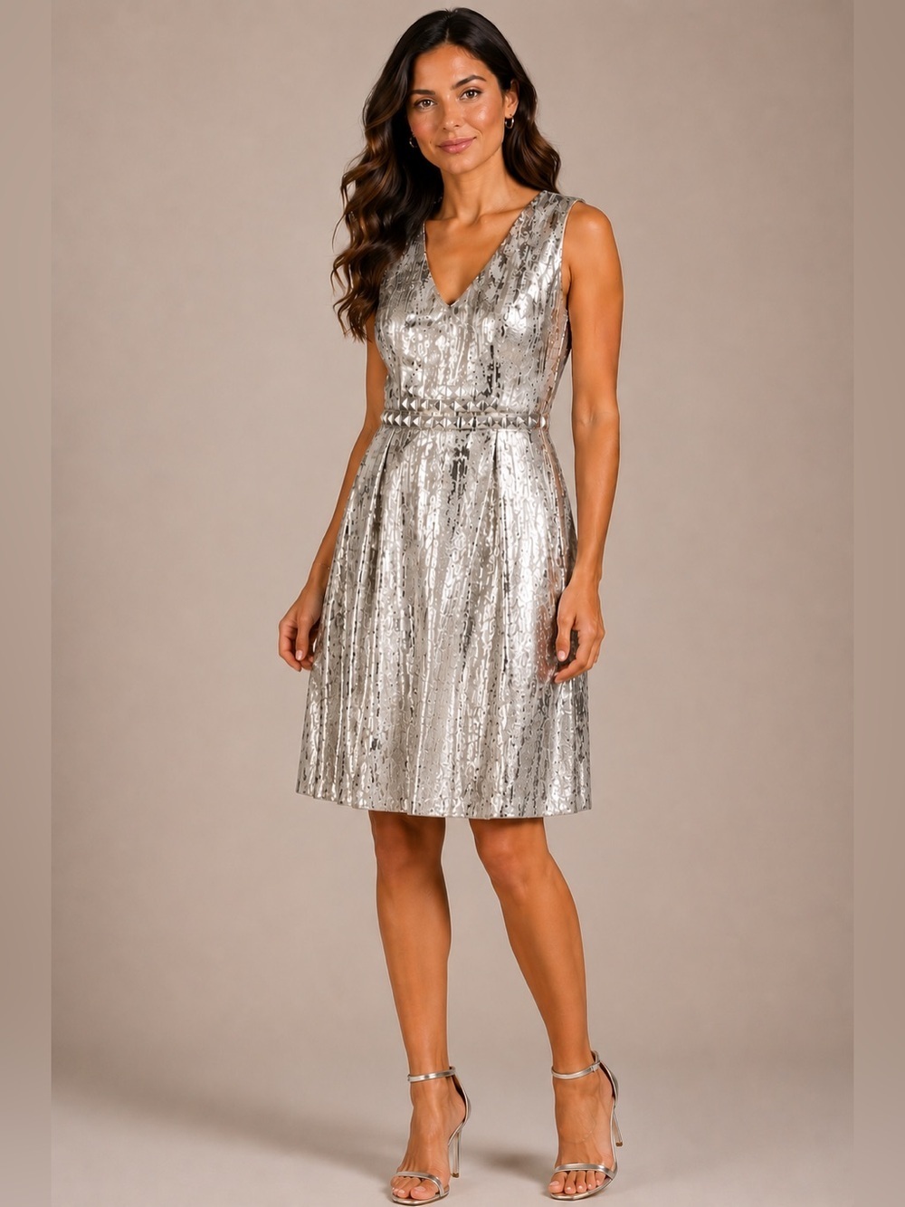 Carmen Marc Valvo Silver Metallic Jacquard Studded Waist Fit & Flare Dress Sz 10